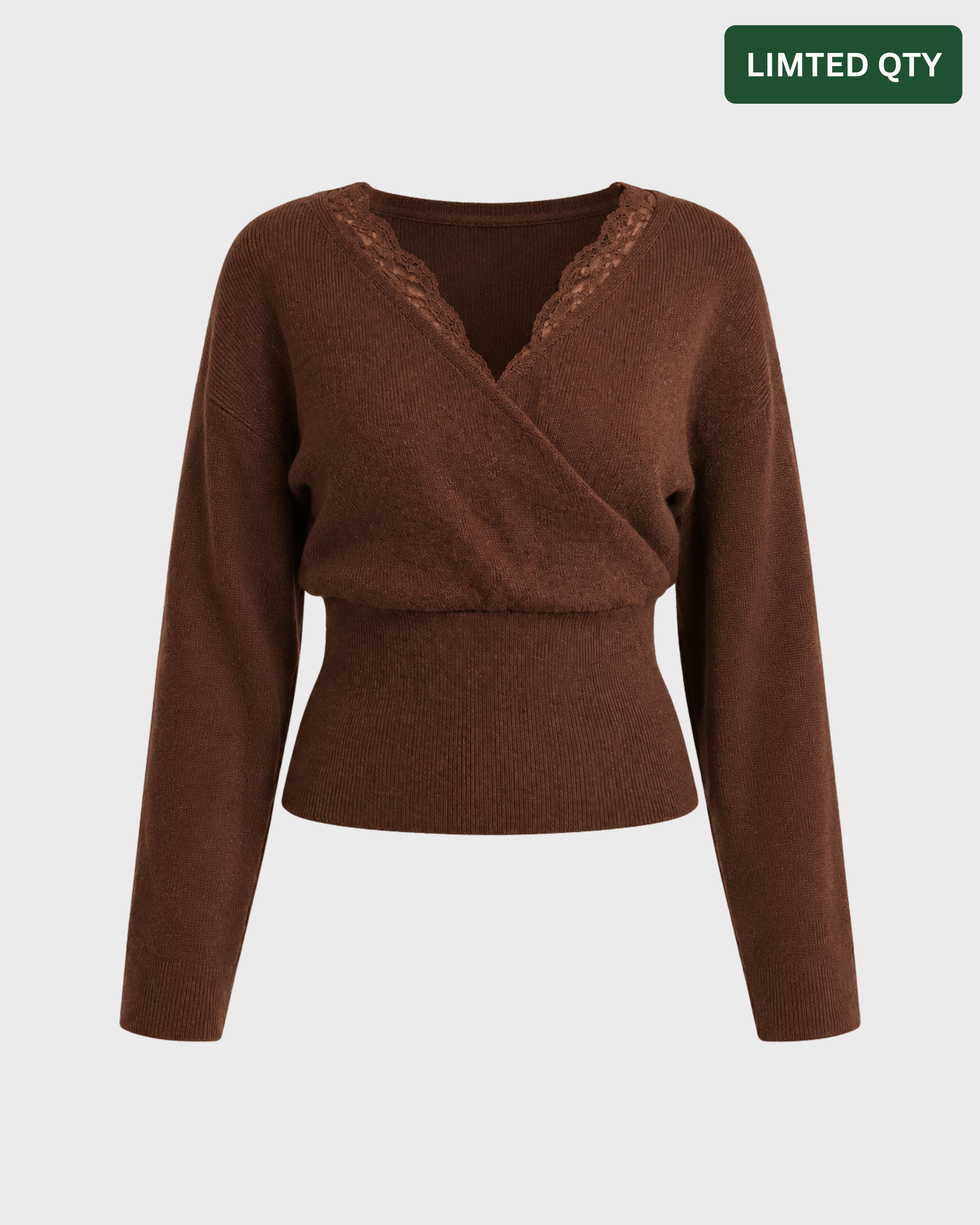 Lace-Trim Faux-Wrap V-Neck Long Sleeve Knit Sweater
