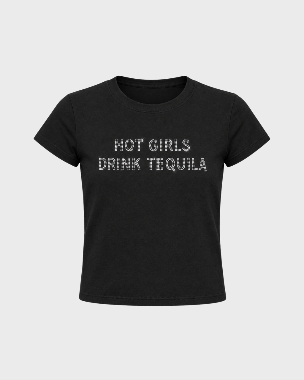 Hot Girls Drink Tequila Rhinestone Baby Tee in Black - flat lay product photo