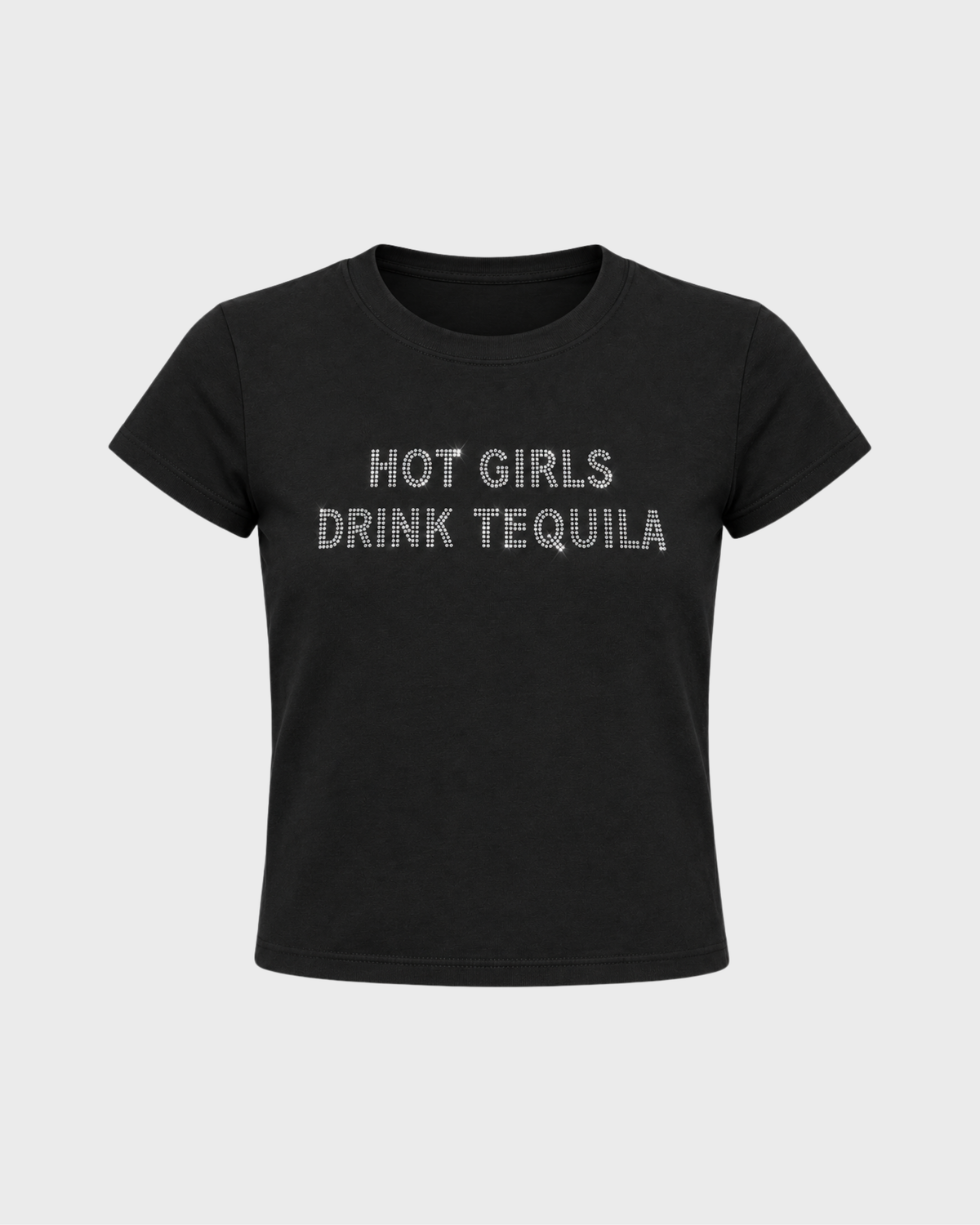 Hot Girls Drink Tequila Rhinestone Baby Tee in Black - flat lay product photo