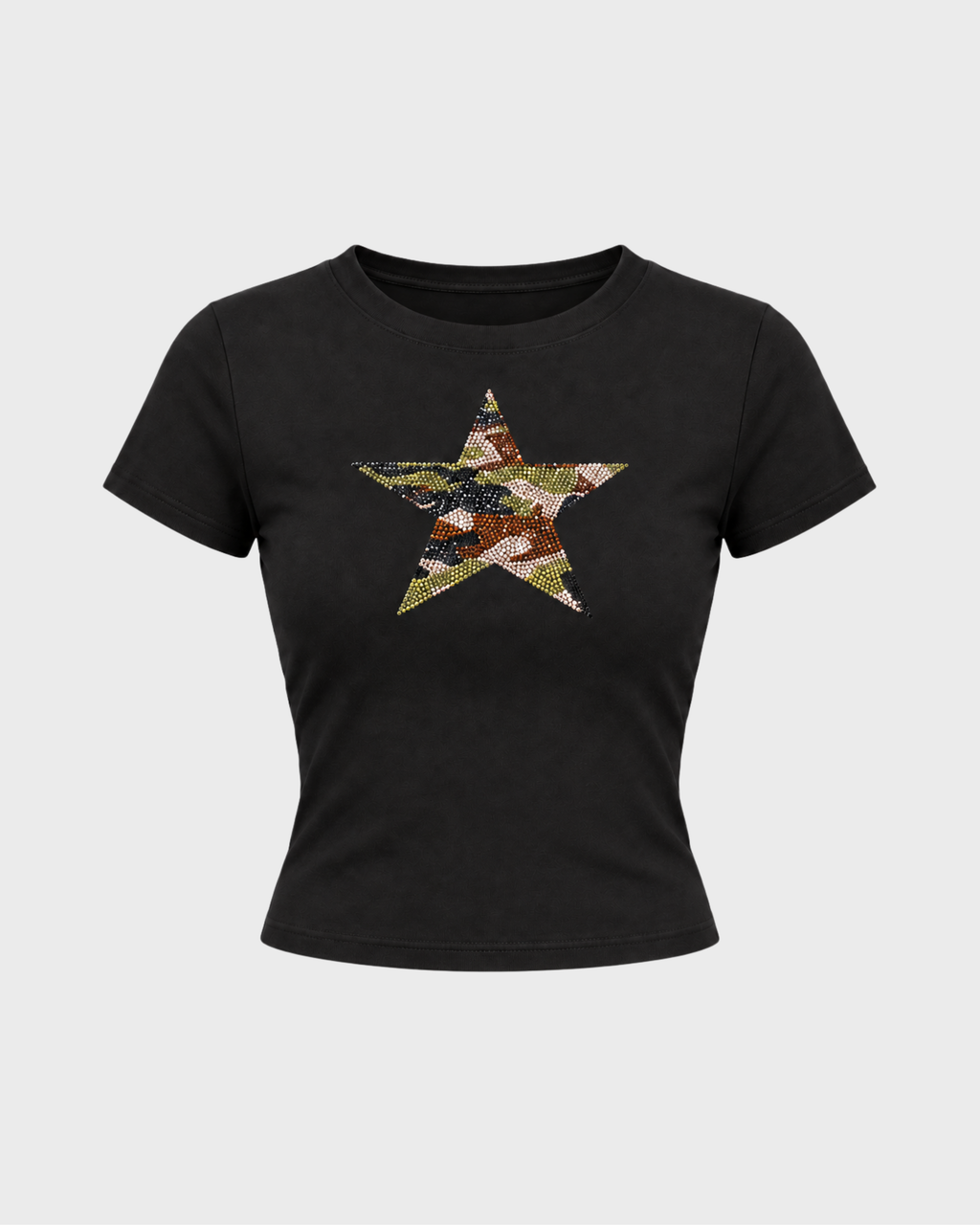 Camouflage Studs Star Baby Tee in Black - flat lay product photo