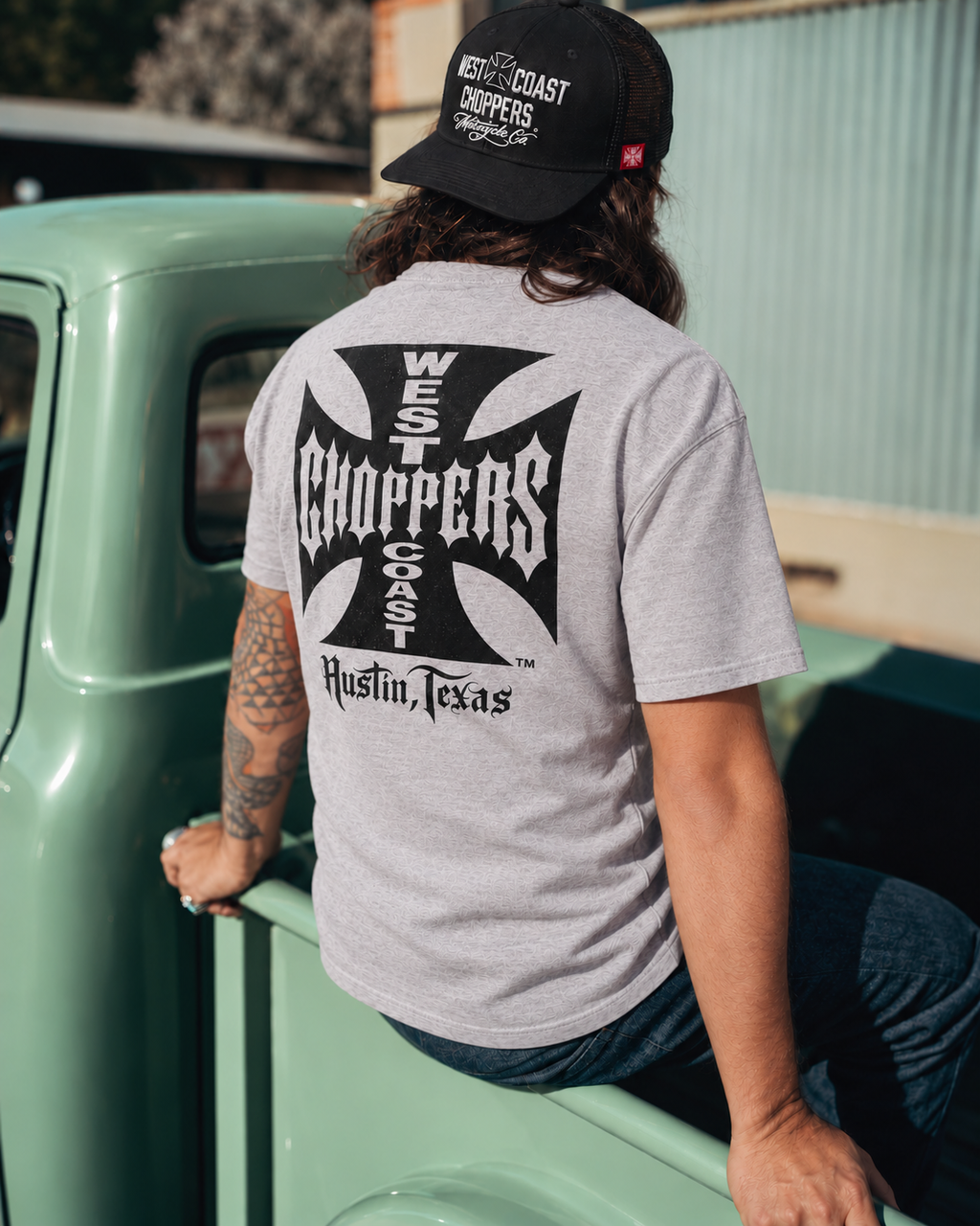 West Coast Choppers OG ATX heather gray graphic tee Austin Texas Iron Cross