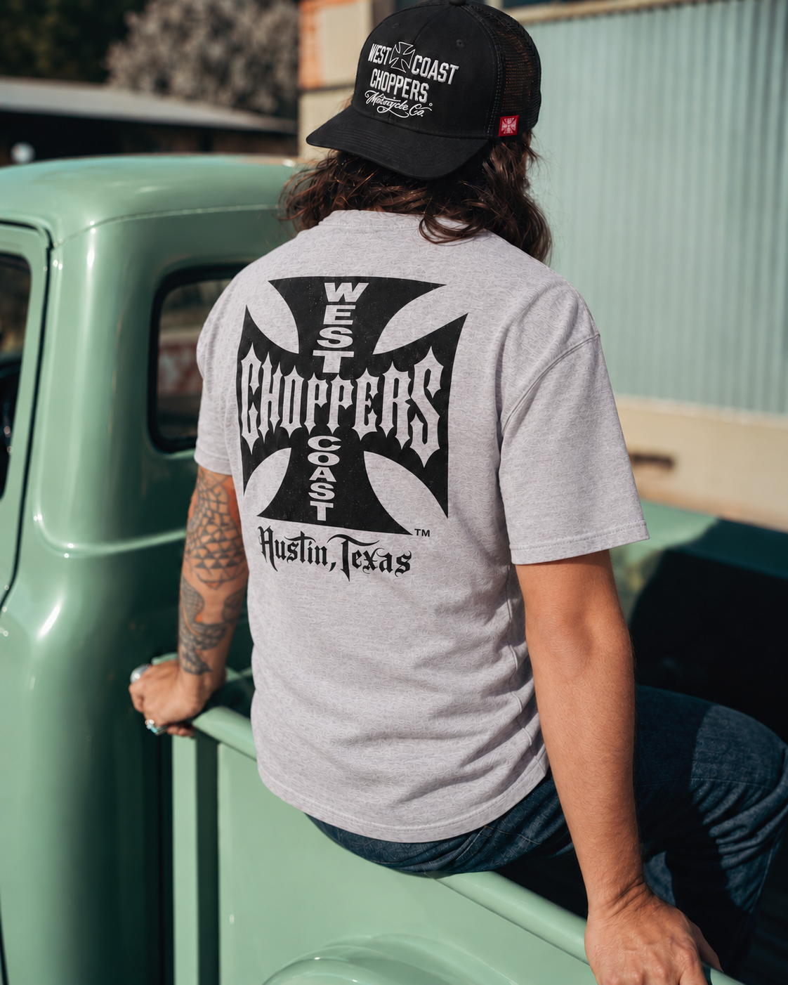 West Coast Choppers OG ATX heather gray graphic tee Austin Texas Iron Cross