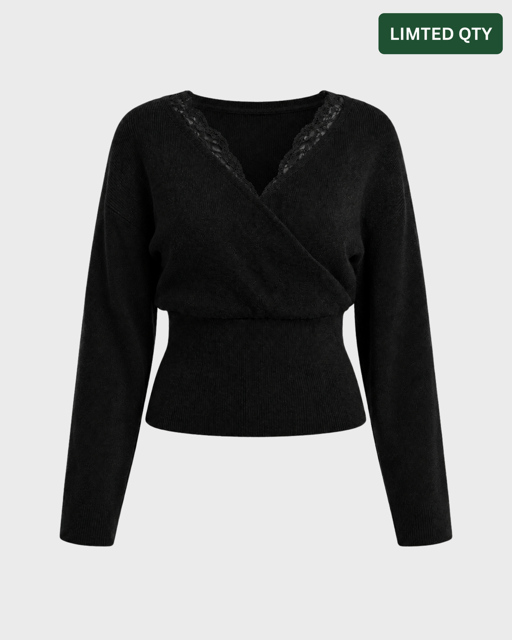 Lace-Trim Faux-Wrap V-Neck Long Sleeve Knit Sweater