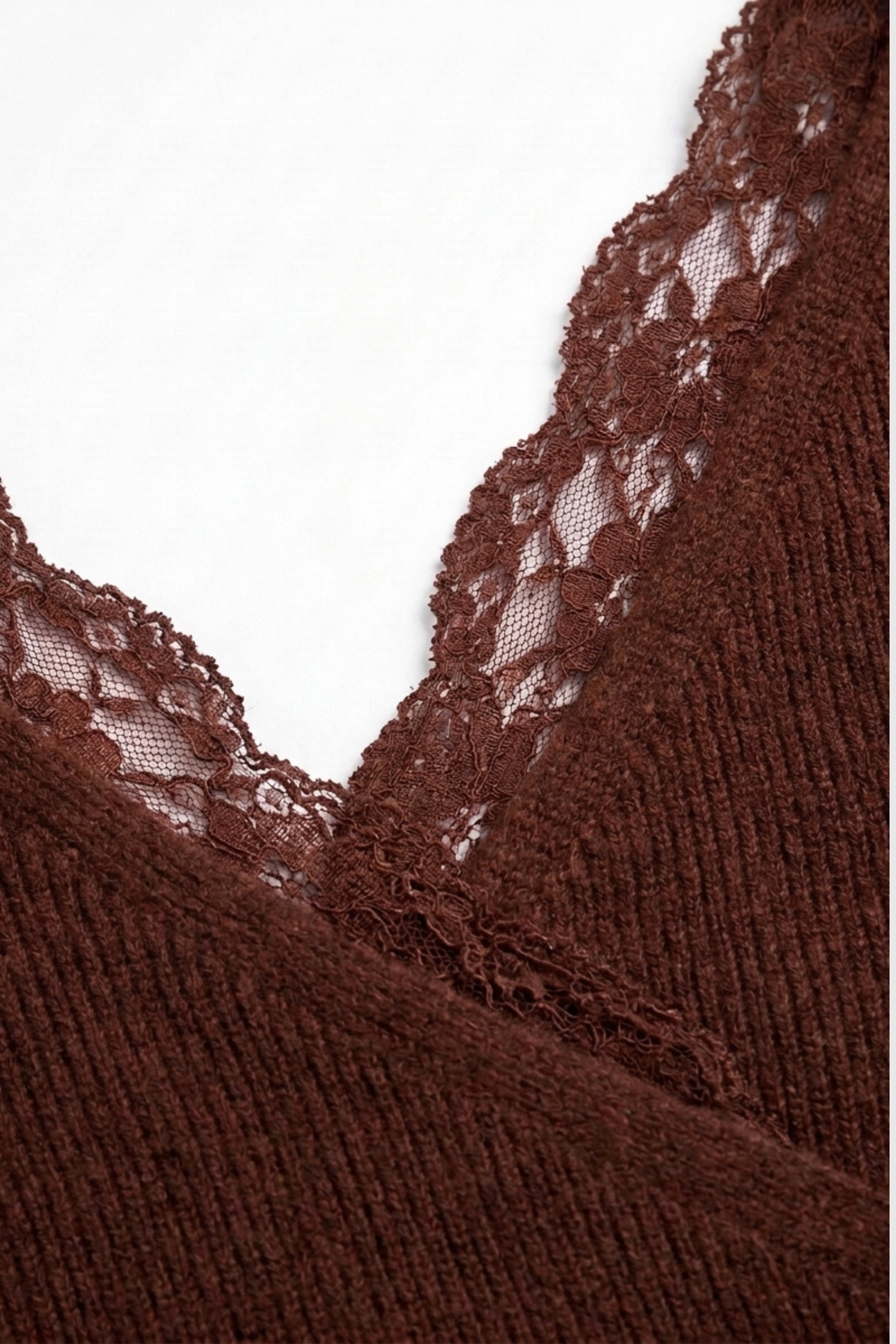 Lace-Trim Faux-Wrap V-Neck Long Sleeve Knit Sweater