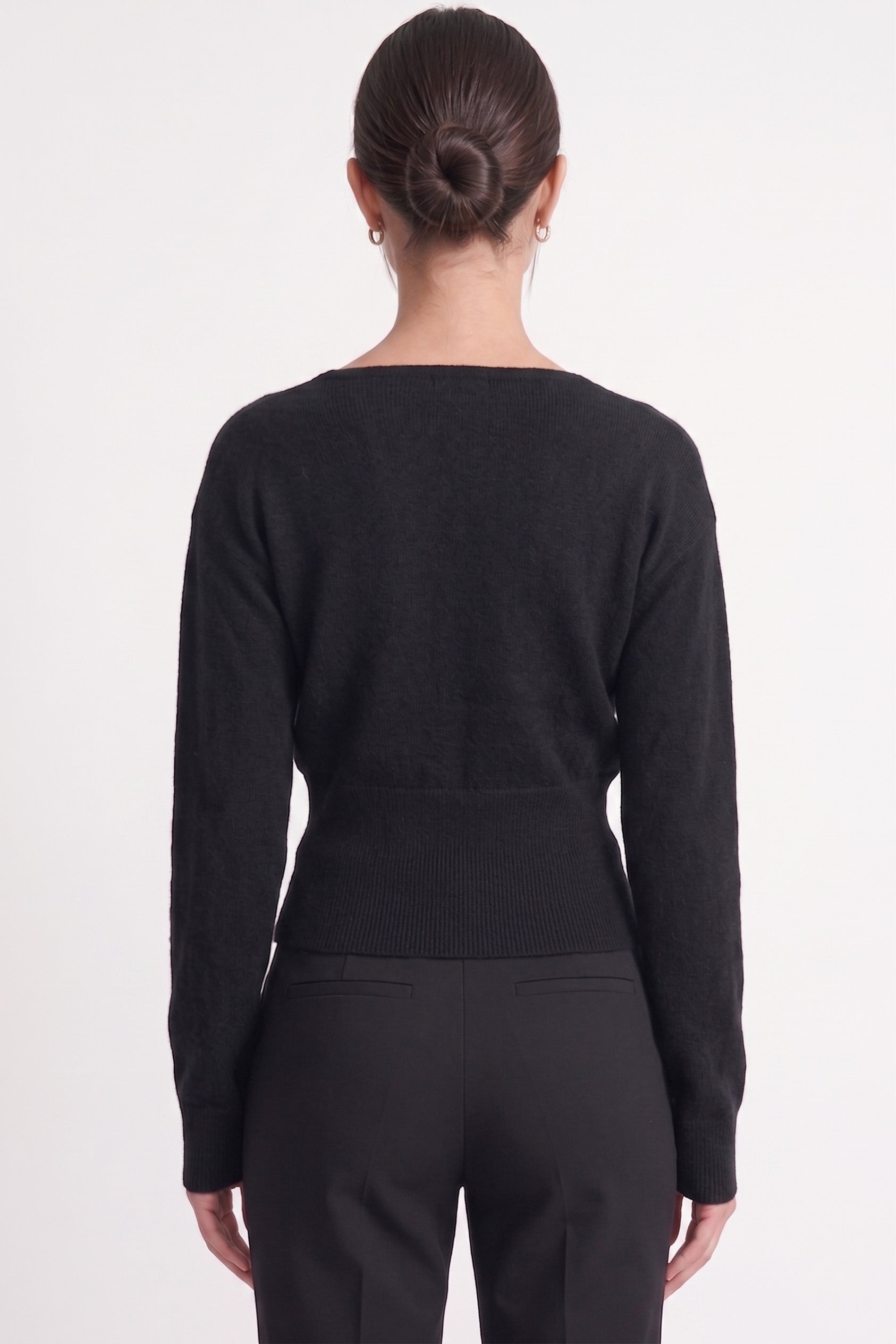 Lace-Trim Faux-Wrap V-Neck Long Sleeve Knit Sweater