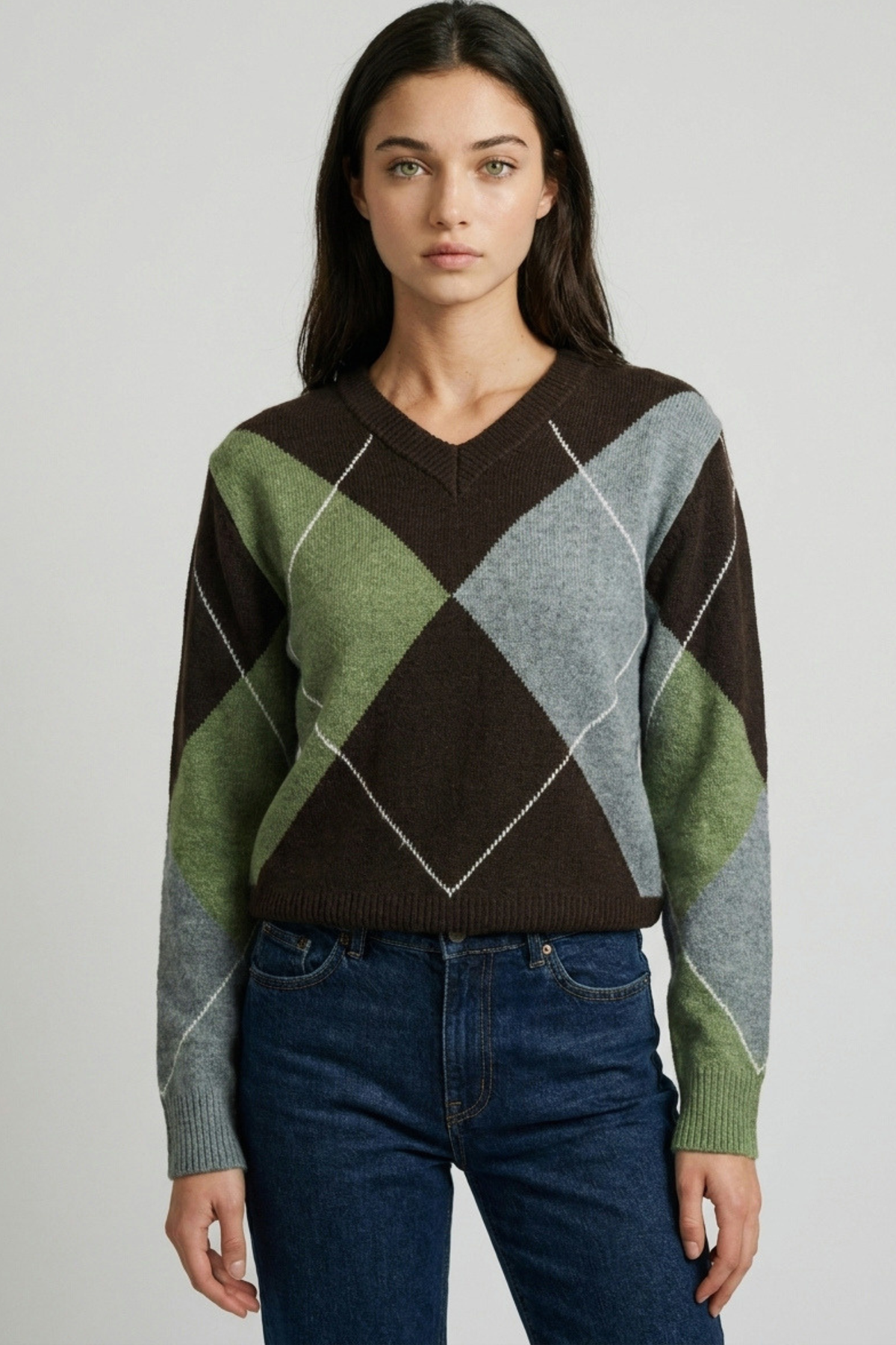 Brown V neck argyle knit sweater