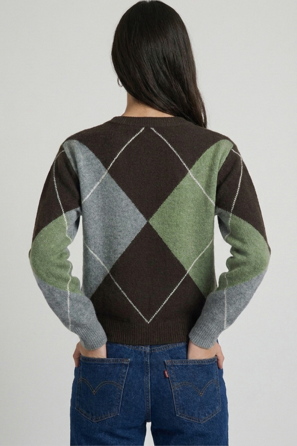 Brown argyle knit sweater - back view