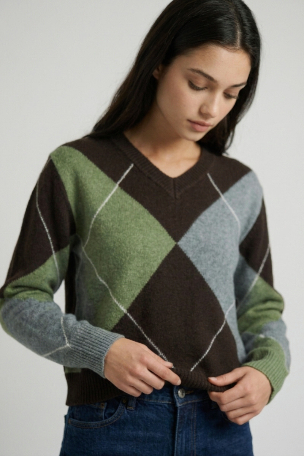 Brown argyle sweater ribbed cuff detail