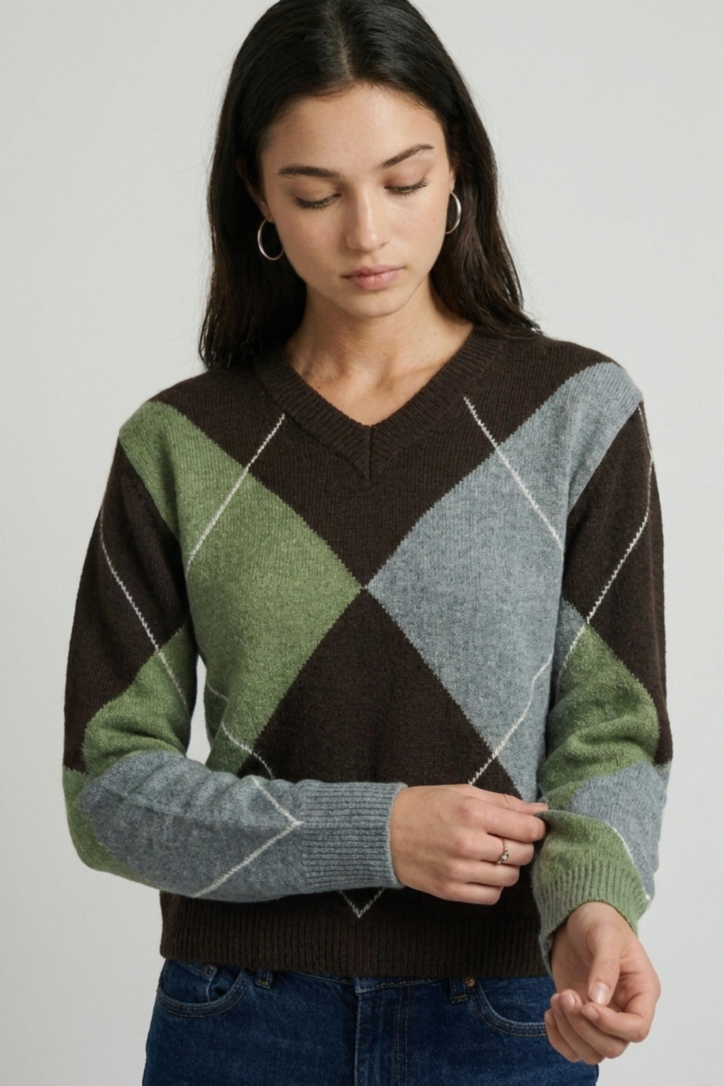 Women's brown argyle knit sweater - styled look