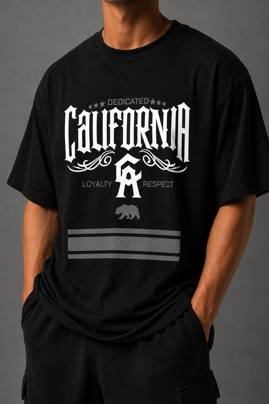 Model wearing California Loyalty Tee in black with Dedicated Loyalty Respect graphic