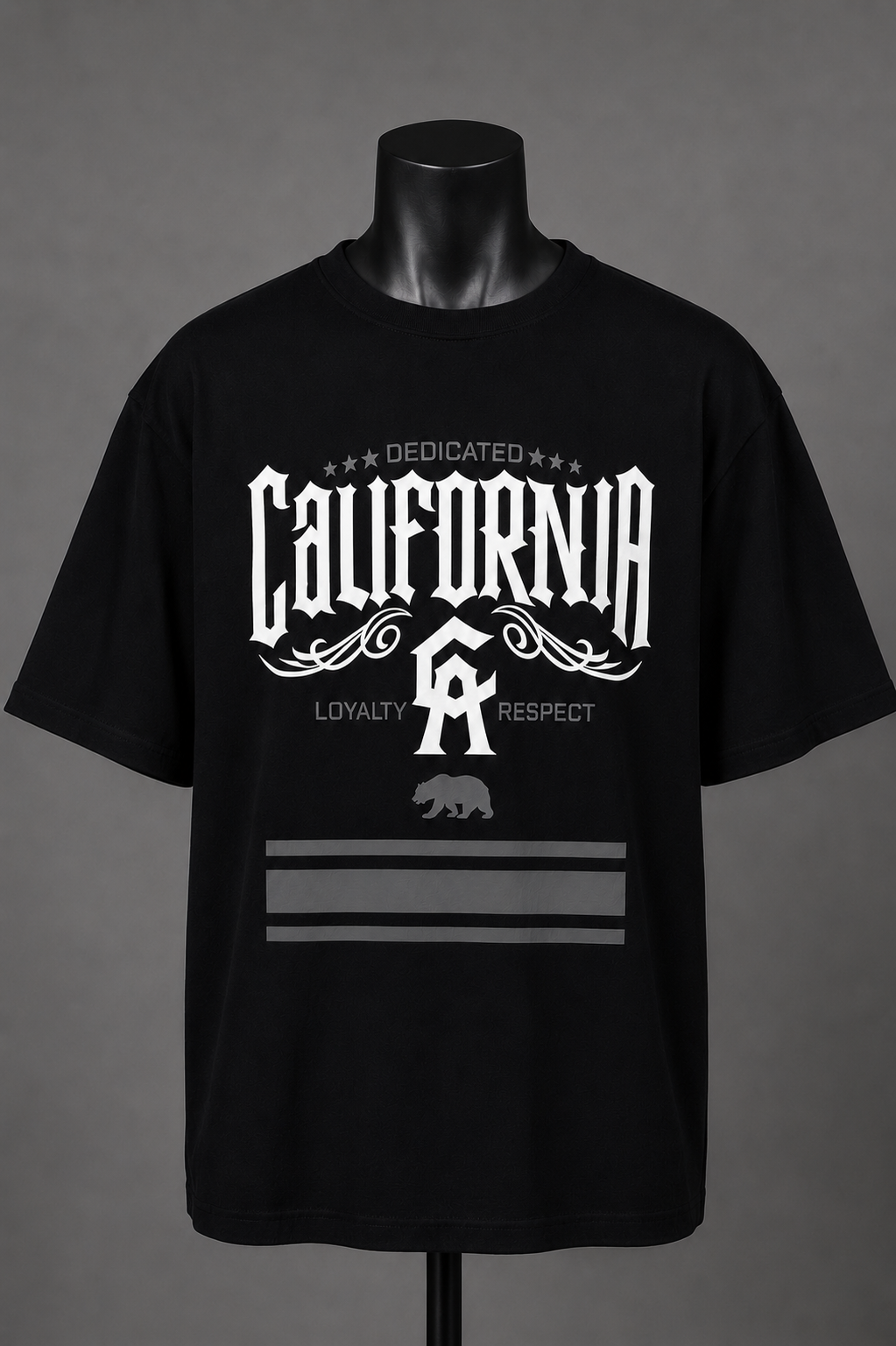 California Loyalty Tee in black, front view with gothic CA bear graphic