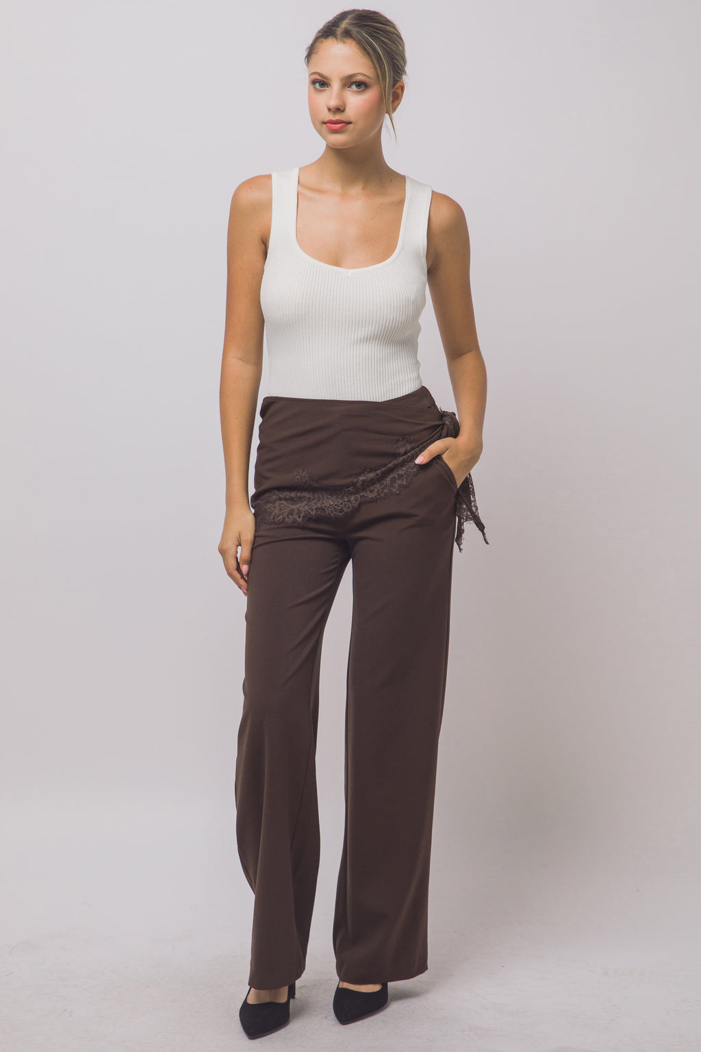 Women's brown wide leg pants with lace trim wrap tie sash – front view