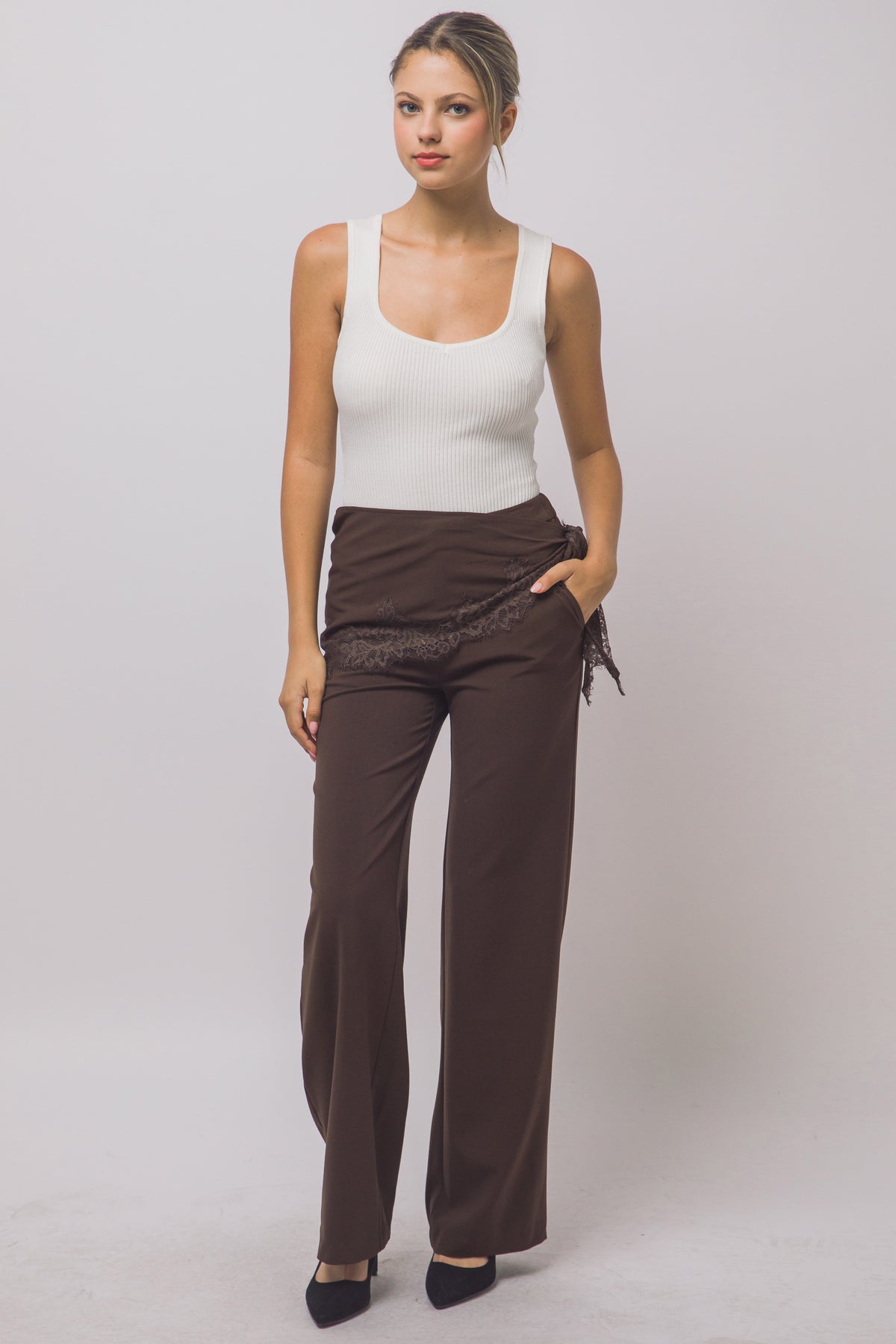 Women's brown wide leg pants with lace trim wrap tie sash – front view