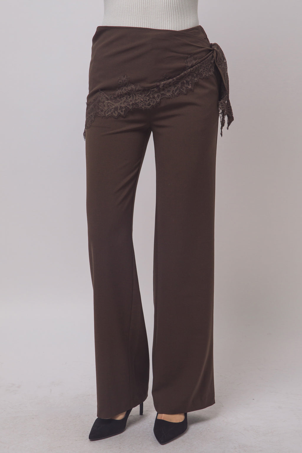 Brown lace trim wrap tie wide leg pants – side tie detail
