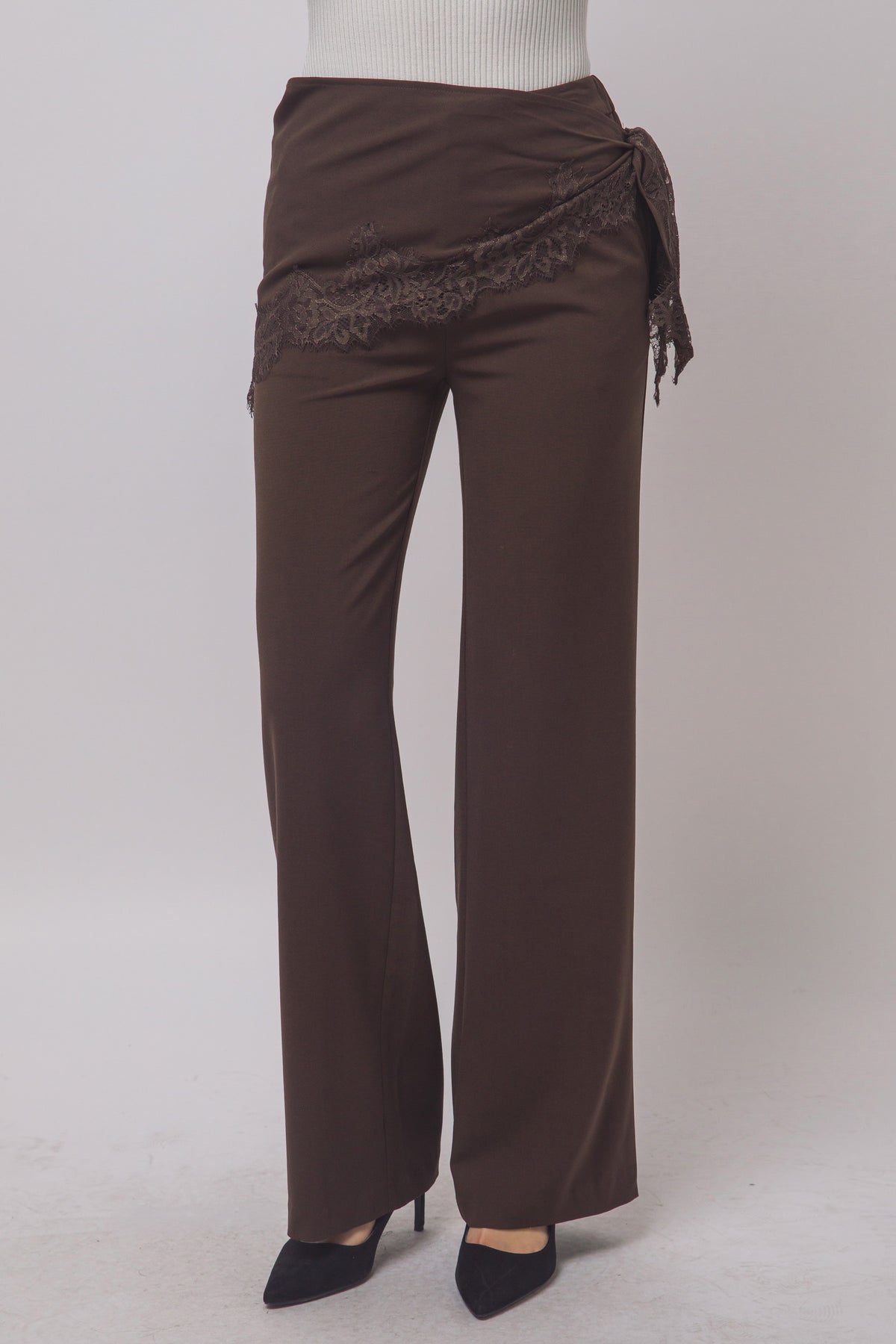 Brown lace trim wrap tie wide leg pants – side tie detail