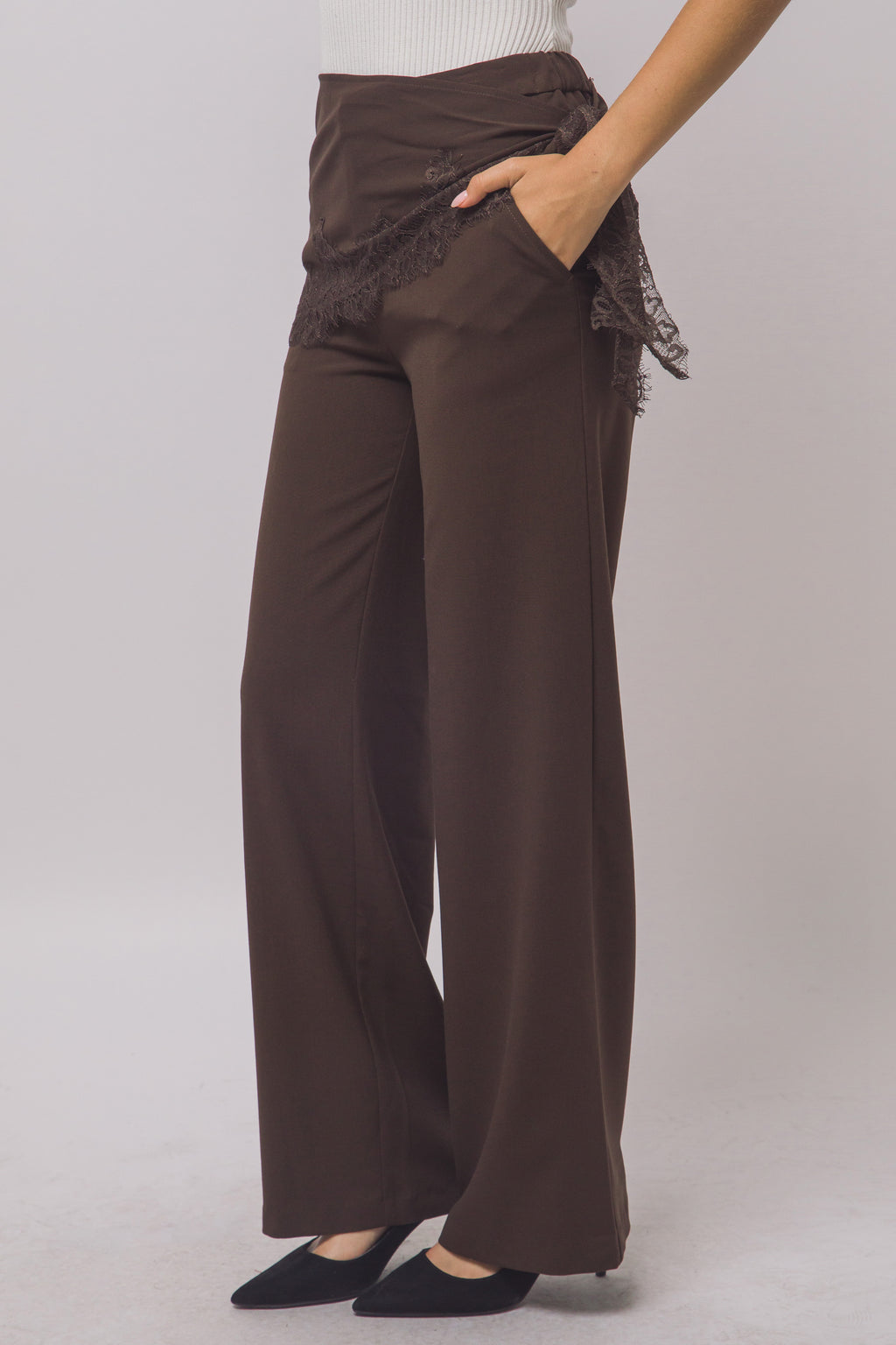 Women's high waist brown wide leg trousers with lace wrap – styled outfit