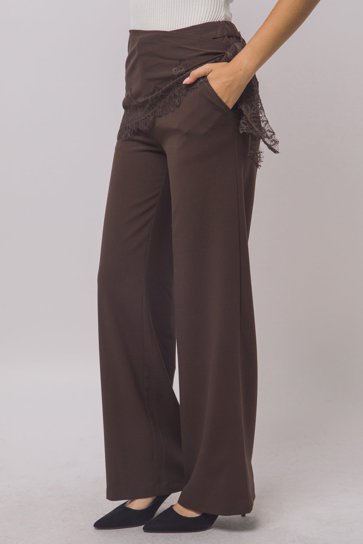 Women's high waist brown wide leg trousers with lace wrap – styled outfit