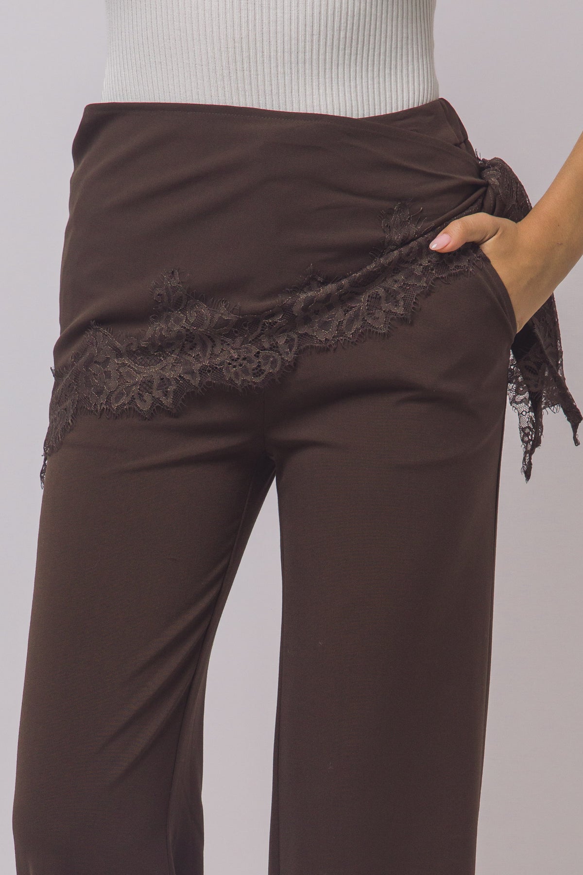 Brown wrap tie wide leg pants for women – back view