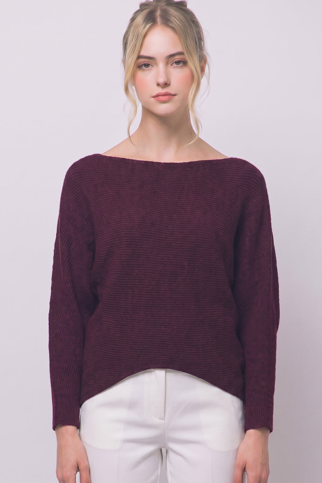 Burgundy oversized boat neck sweater with dolman sleeves