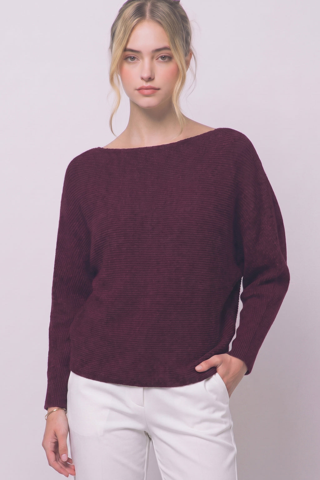 Women's oversized boat neck ribbed knit sweater in Burgundy – front view