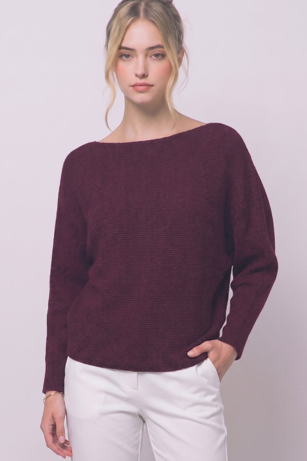 Women's oversized boat neck ribbed knit sweater in Burgundy – front view