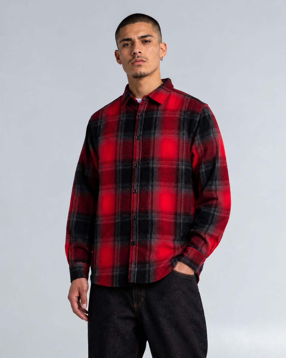Shaka Wear Plaid Flannel Overshirt in Red Black