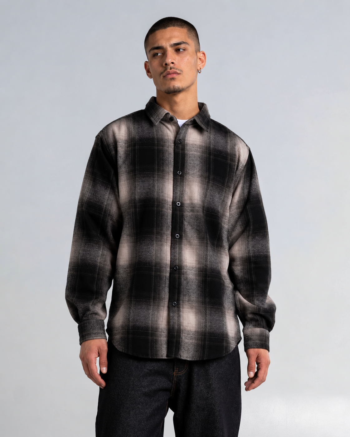 Shaka Wear Plaid Flannel Overshirt in Shadow Black