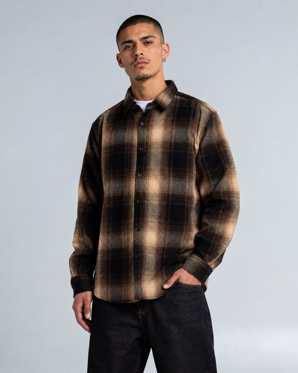 Shaka Wear Plaid Flannel Overshirt in Tan Black
