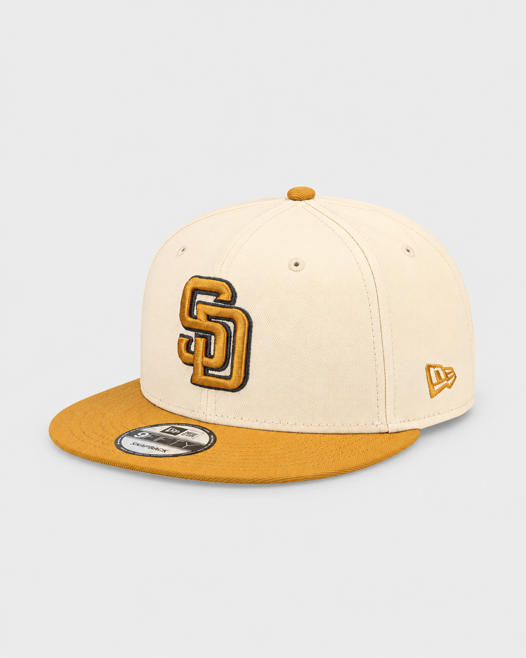 New Era San Diego Padres cream 9FIFTY snapback with tan visor, left side view