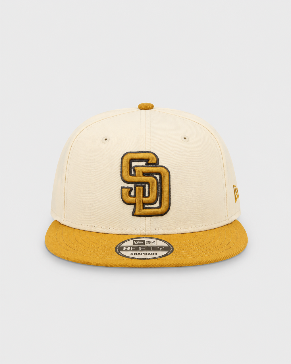 New Era San Diego Padres cream and tan 9FIFTY snapback hat front view with SD logo