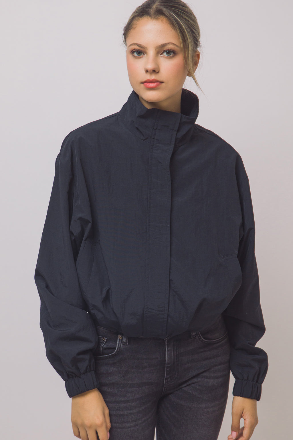 Love Tree cropped nylon windbreaker jacket in Black