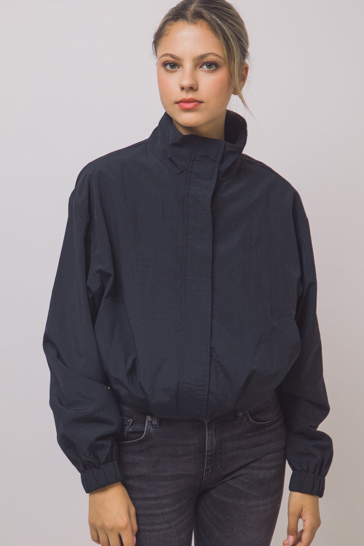 Love Tree cropped nylon windbreaker jacket in Black