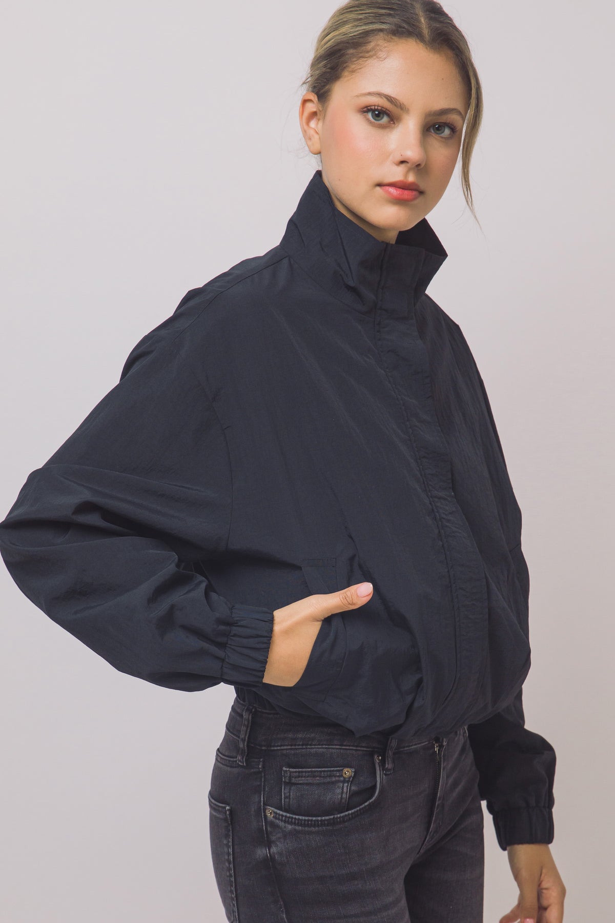 Love Tree cropped nylon windbreaker jacket in Black