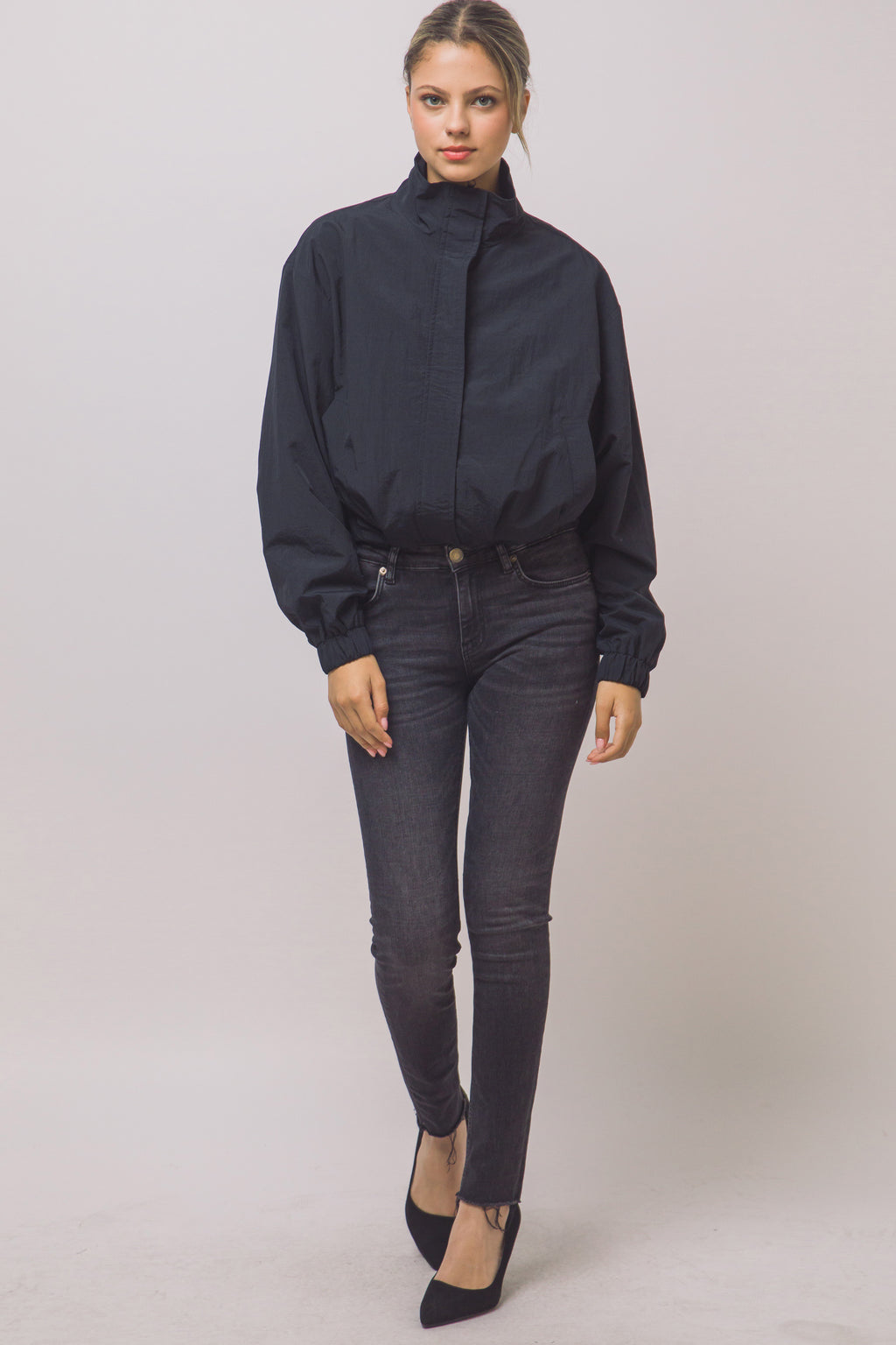 Love Tree cropped nylon windbreaker jacket in Black
