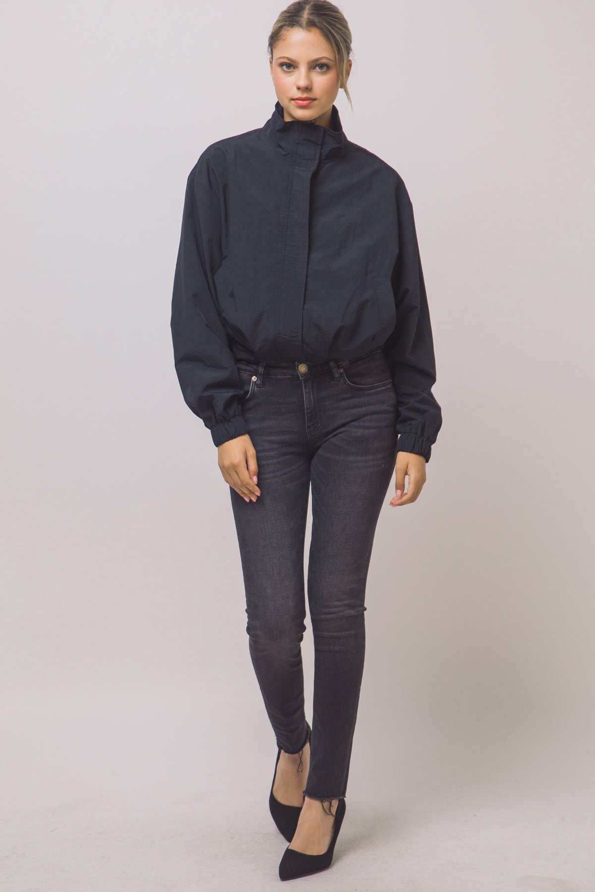 Love Tree cropped nylon windbreaker jacket in Black