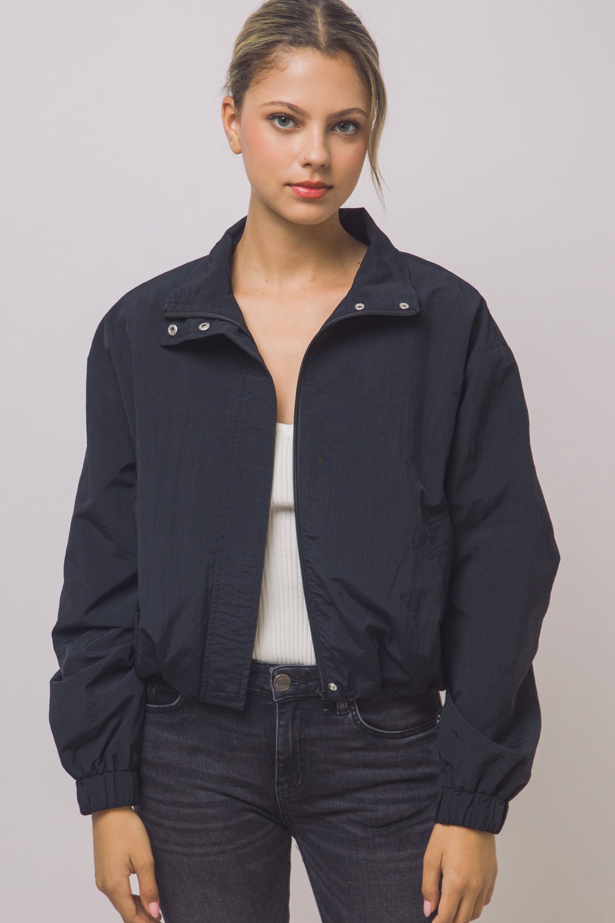 Love Tree cropped nylon windbreaker jacket in Black