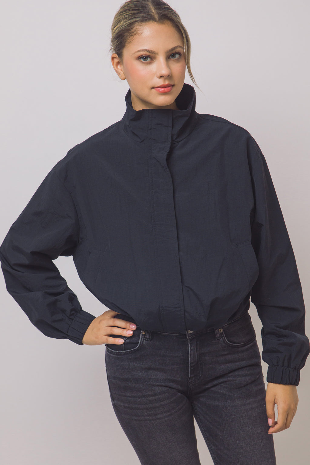 Love Tree cropped nylon windbreaker jacket in Black