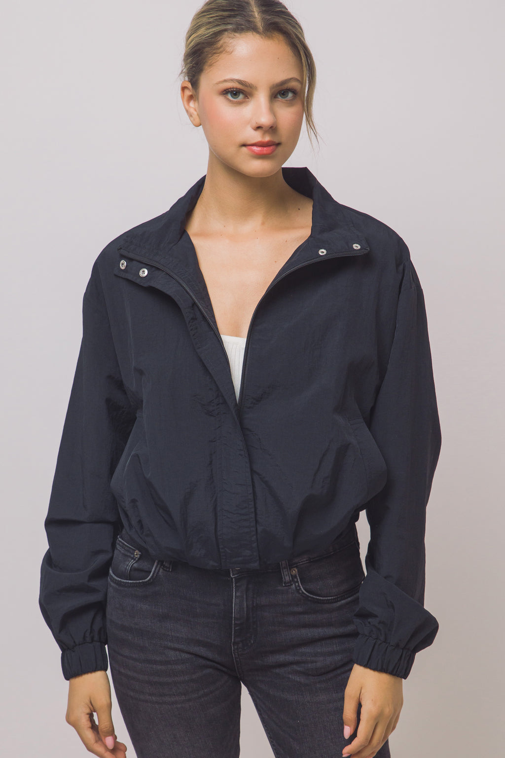 Love Tree cropped nylon windbreaker jacket in Black