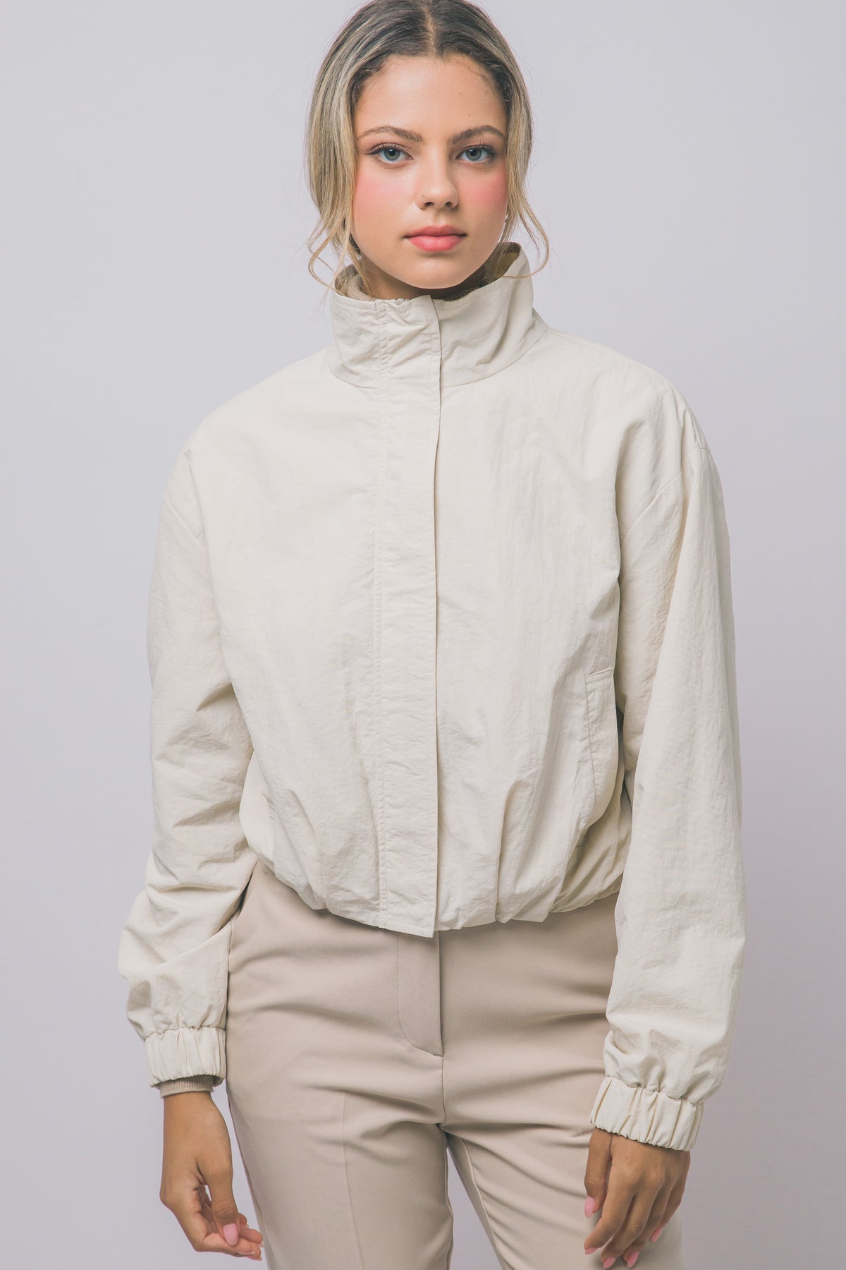Love Tree cropped nylon windbreaker jacket in Cream