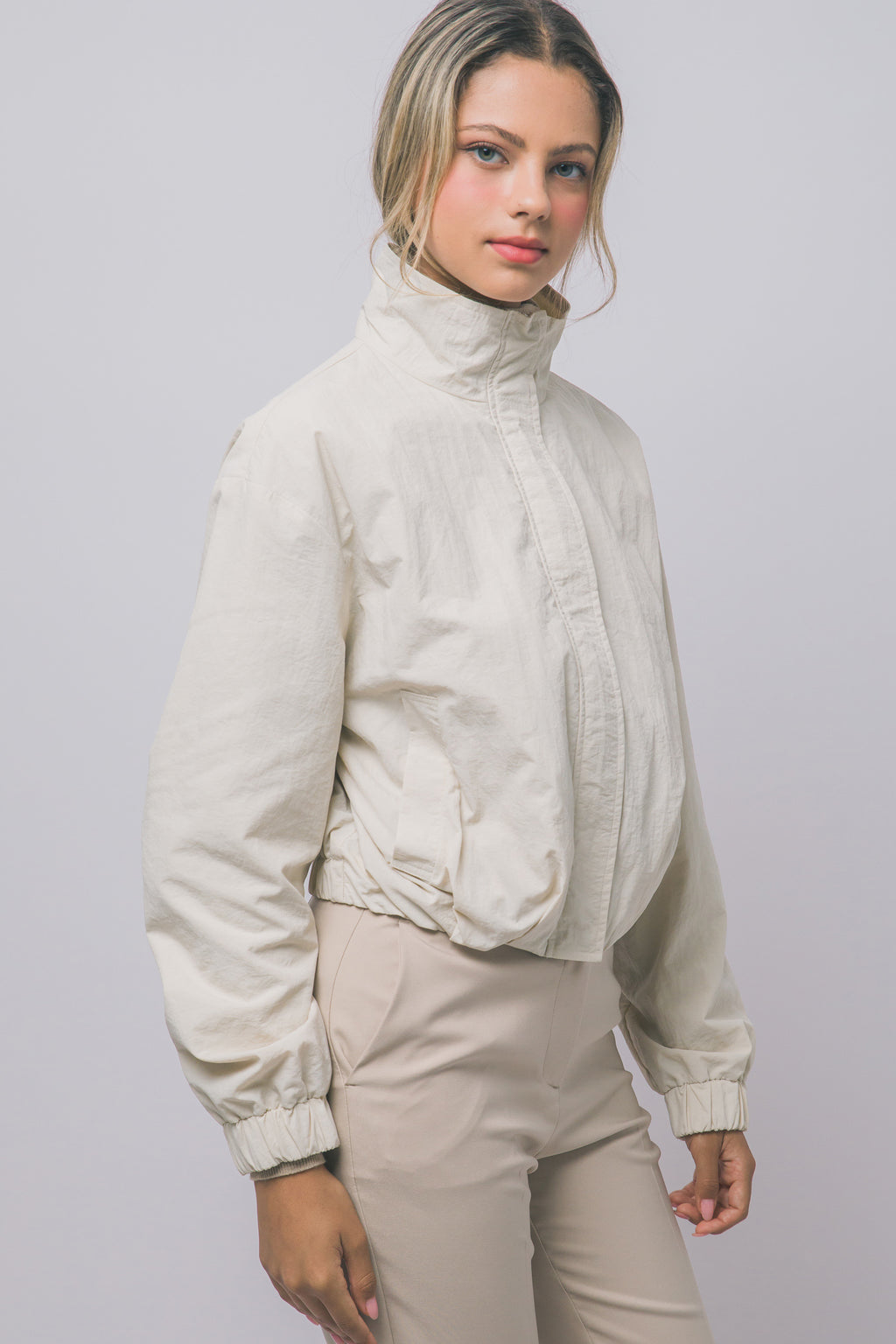 Love Tree cropped nylon windbreaker jacket in Cream