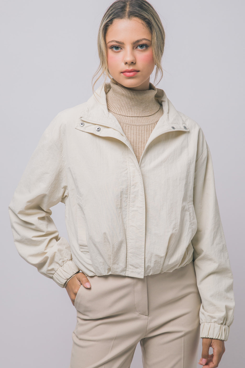 Love Tree cropped nylon windbreaker jacket in Cream