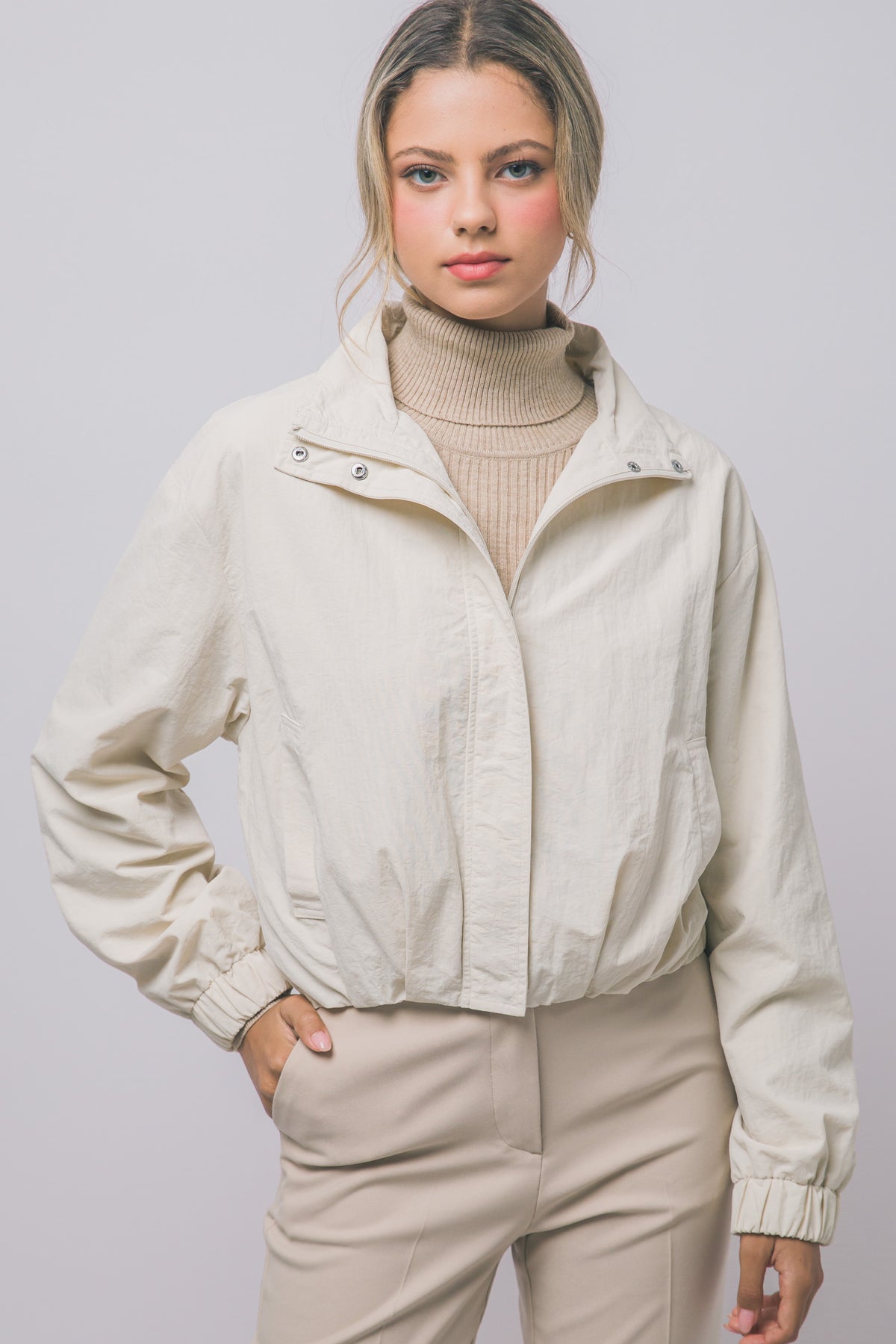Love Tree cropped nylon windbreaker jacket in Cream