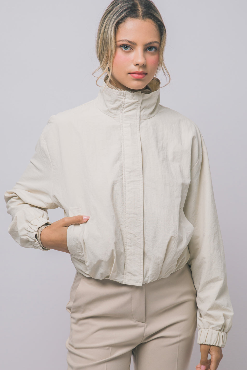 Love Tree cropped nylon windbreaker jacket in Cream