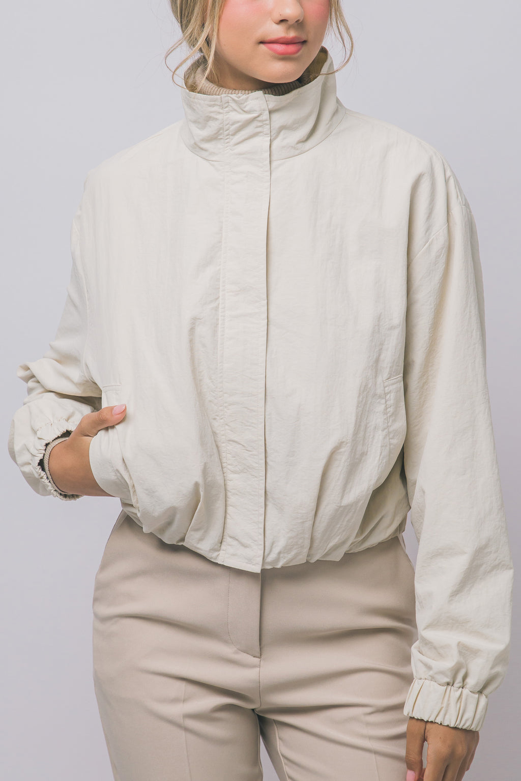 Love Tree cropped nylon windbreaker jacket in Cream