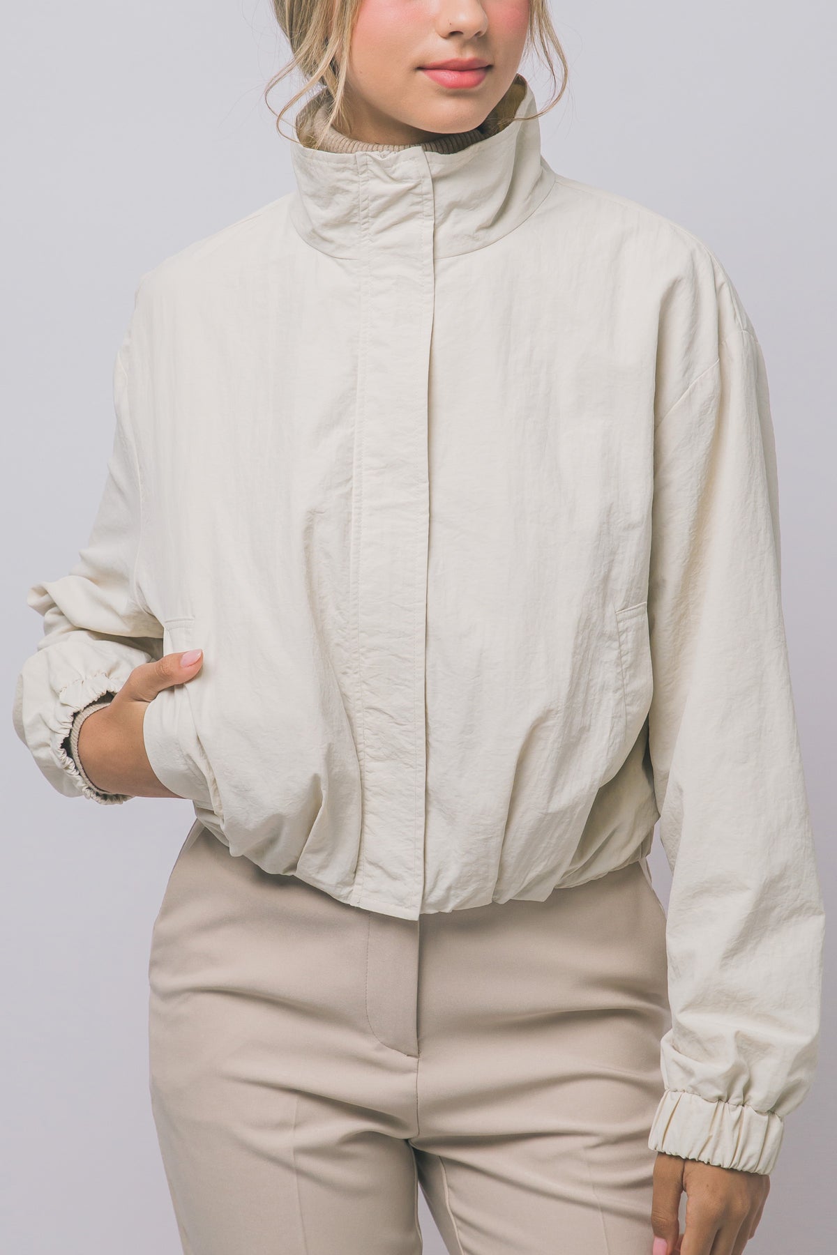 Love Tree cropped nylon windbreaker jacket in Cream