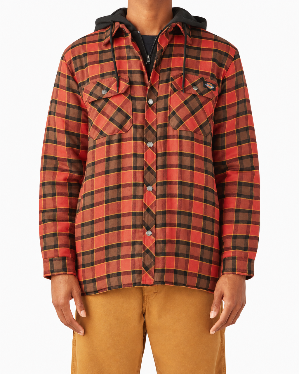 Dickies Flannel Hooded Shirt Jacket in Red Ochre