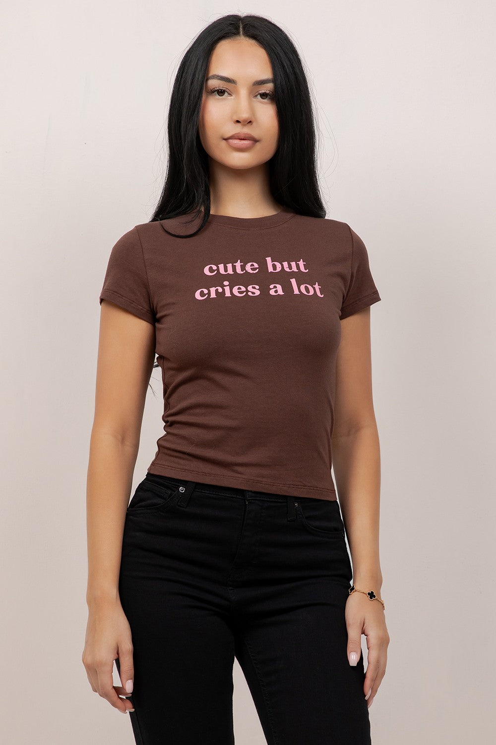 Cute But Cries A Lot women's slogan tee BROWN
