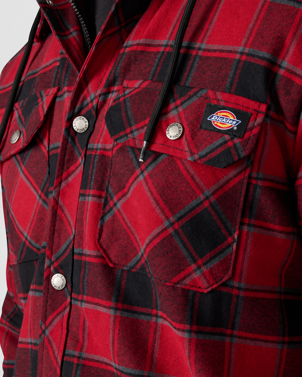 Dickies Flannel Hooded Shirt Jacket, red plaid chest pocket detail