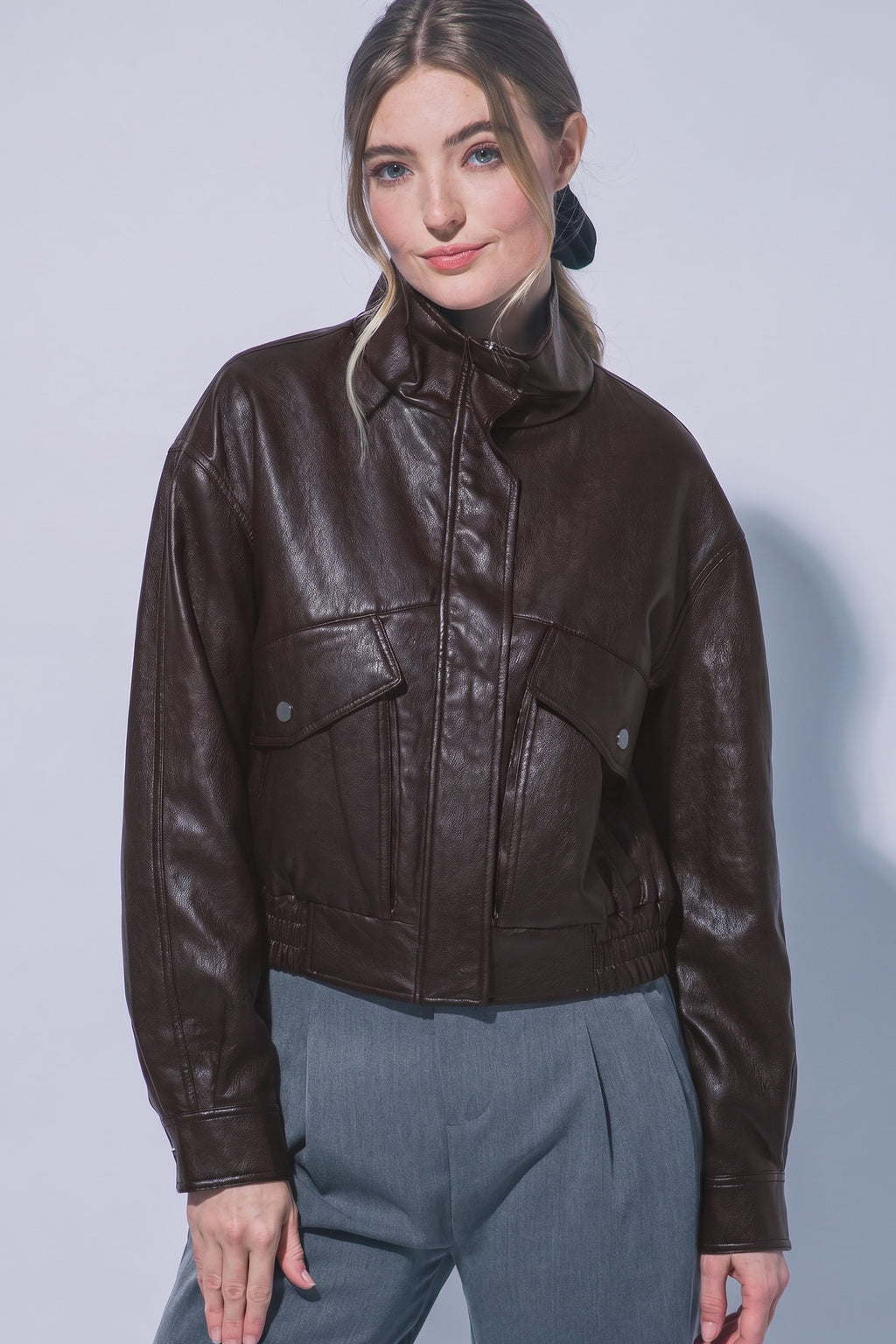 Women's cropped faux leather bomber jacket in Espresso brown