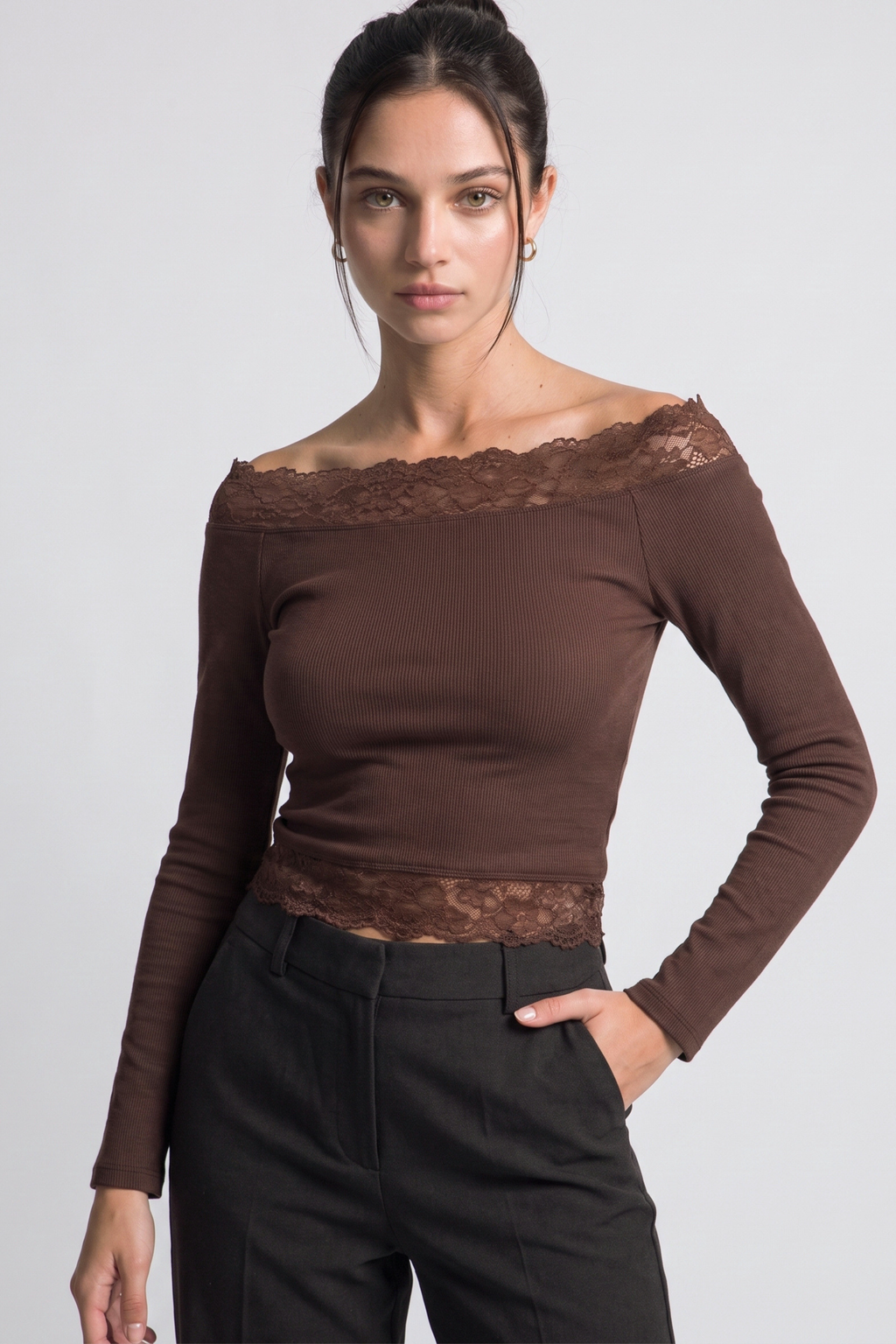 Women's lace-trim off shoulder top in Chocolate brown – front view
